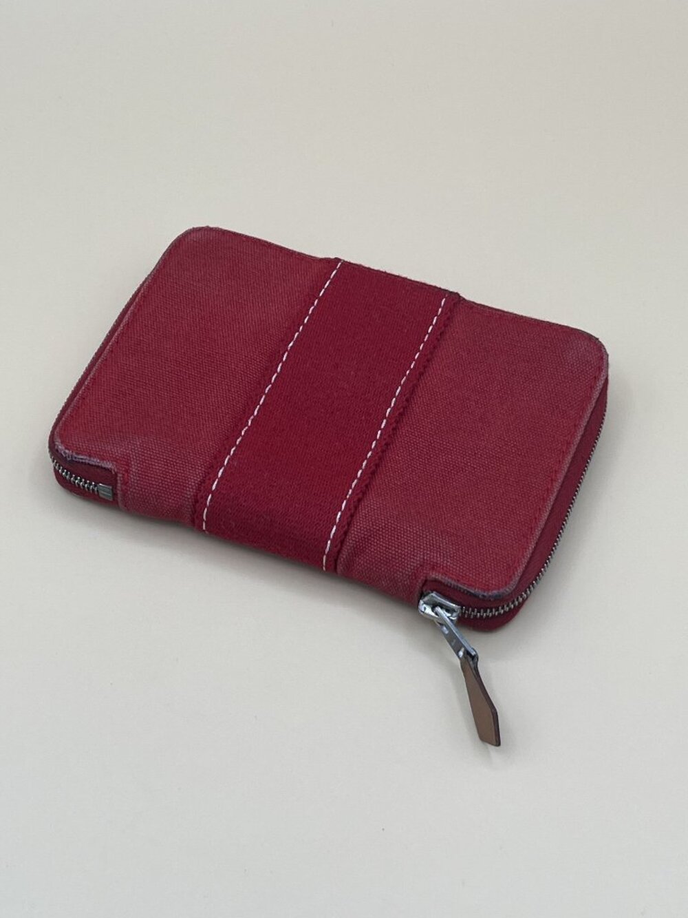 Hermes Azap Compact Zip Around Wallet Red Toile Canvas White Stitching